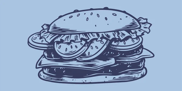 Hand Drawing Fast Food Big Delicious Hamburger Junk Food Restaurant — 스톡 벡터