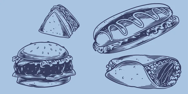 Hand Drawing Fast Food Set Sandwiches Burgers Hot Dogs Kebabs — Stock vektor