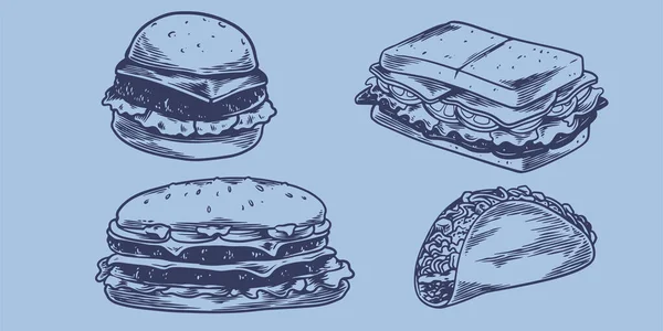 Hand Drawing Fast Food Set Sandwiches Two Hamburgers Hot Dogs — Vetor de Stock