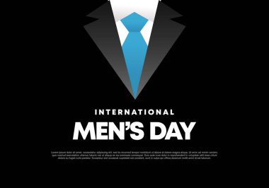 Men day background banner poster with cool suit and blue tie on black color.