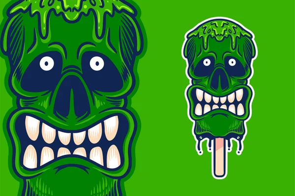Angry Green Skull Ice Cream Mascot Vector Illustration Cartoon Style — Stok Vektör