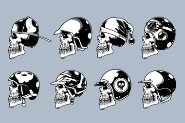 skull head with various helm on illustration set monochrome style