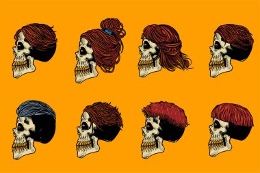 skull head with various hair hand drawn illustration set