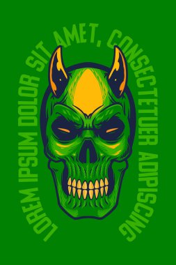 green skull with small horn head mascot poster vector illustration cartoon style