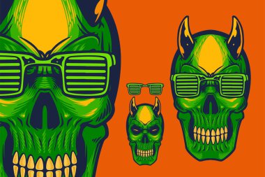 green skull with small horn and glasses head mascot vector illustration cartoon style