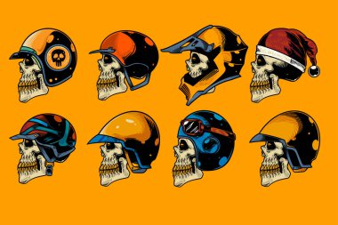 skull head with various helm on hand drawn illustration set