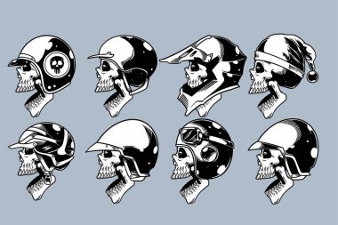 skull head with various helm on and open mouth illustration set monochrome style
