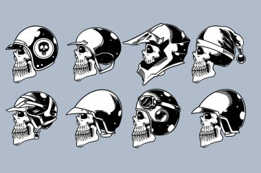 skull head with various helm on illustration set monochrome style