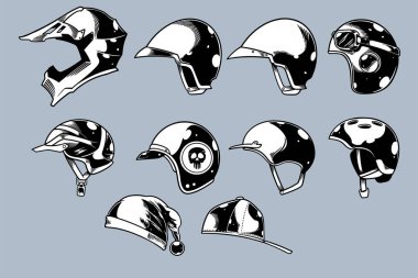 hand drawn various helm vector illustration set monochrome style