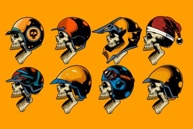 skull head with various helm on and open mouth hand drawn illustration set