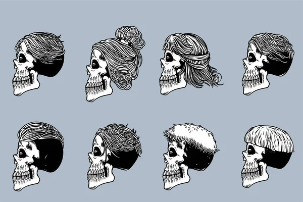 Skull Head Various Hair Illustration Set Monochrome Style — Vetor de Stock