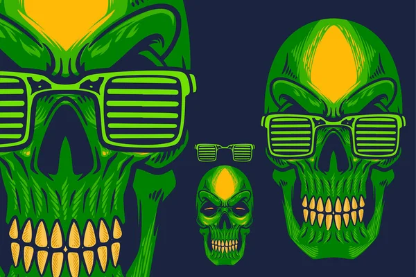 Green Skull Glasses Head Mascot Vector Illustration Cartoon Style —  Vetores de Stock