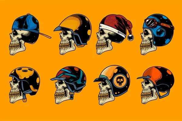 skull head with various helm on hand drawn illustration set