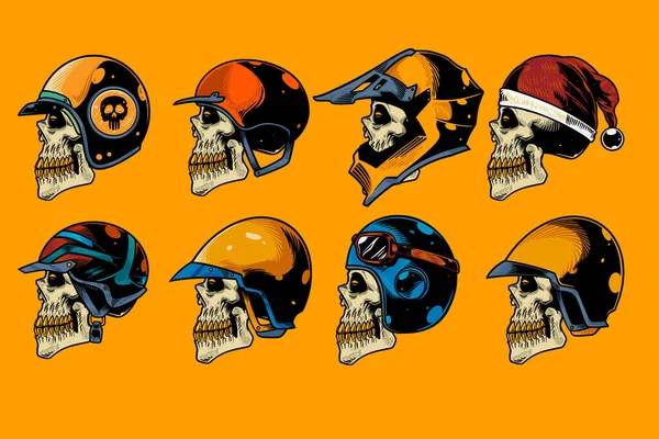 skull head with various helm on hand drawn illustration set