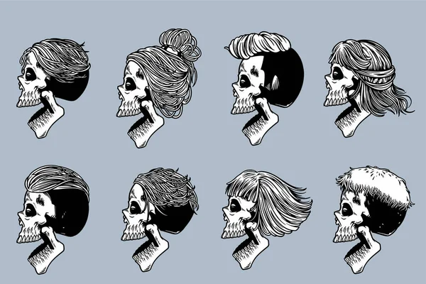 Skull Head Various Hair Open Mouth Illustration Set Monochrome Style — Stockvektor