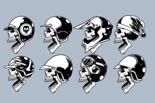 Skull Head Various Helm Open Mouth Illustration Set Monochrome Style — Stockvektor