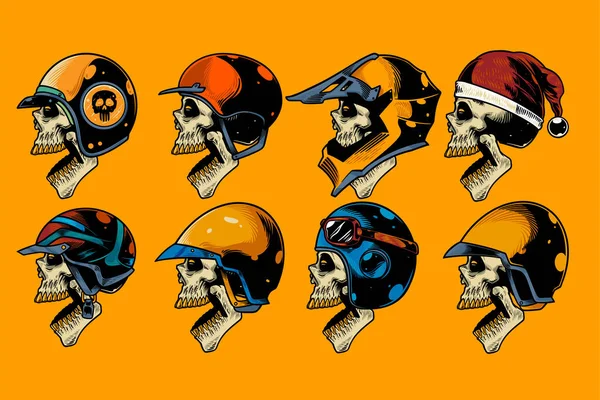 skull head with various helm on and open mouth hand drawn illustration set