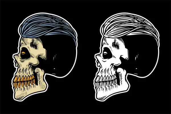 Голова Черепа Ручной Работы Прохладной Иллюстрацией Вектора Волос — стоковый вектор