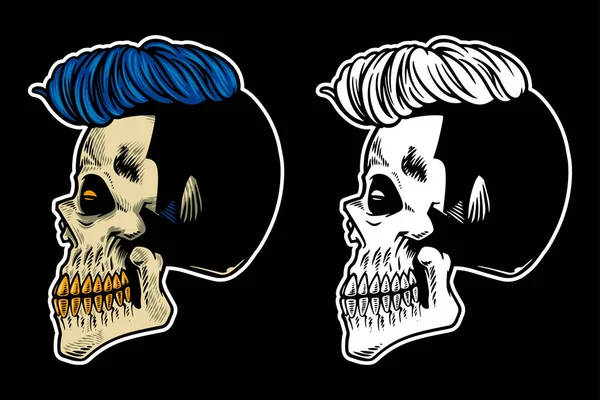 Hand Drawn Skull Head Cool Hair Vector Illustration — Vetor de Stock