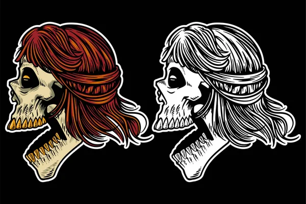 Hand Drawn Skull Head Cool Hair Open Mouth Vector Illustration — Stockvector