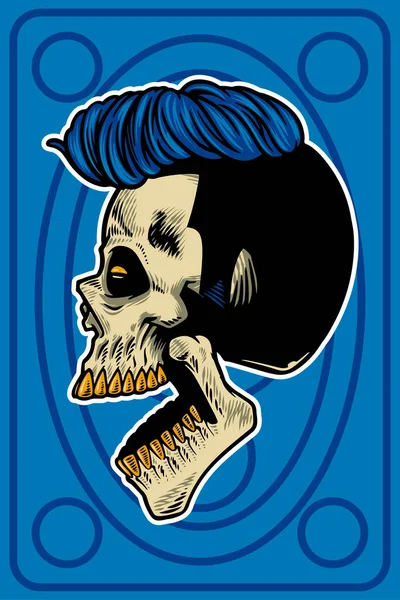 Hand Drawn Skull Head Cool Hair Open Mouth Card Illustration — Stockvector