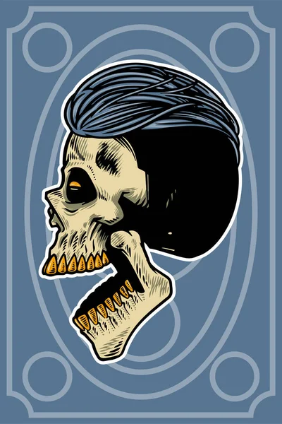 Hand Drawn Skull Head Cool Hair Open Mouth Card Illustration — Stockvector