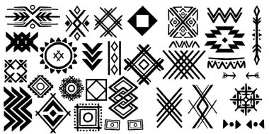 Thirty Hand drawn set of aztec tribal drawing isolated on white background.