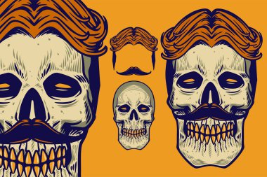 skull head with hair and mustache vector illustration