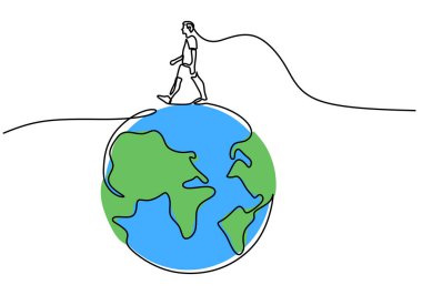 One continuous single line hand drawing of man walking on earth globe isolated on white background.