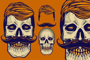 skull head with hair and mustache vector illustration