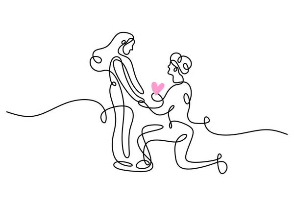 One Continuous Single Line Hand Drawing Man Propose Woman Isolated — Stok Vektör