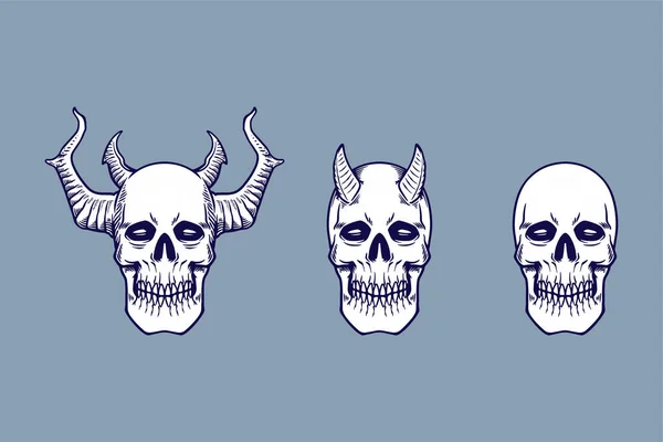 Various Skull Horn Vector Illustration Set Monochrome Style — Vettoriale Stock