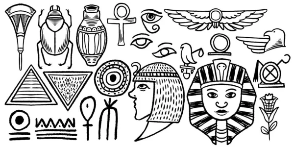 Twenty two hand drawn set of egyptian tribal drawing isolated on white background.