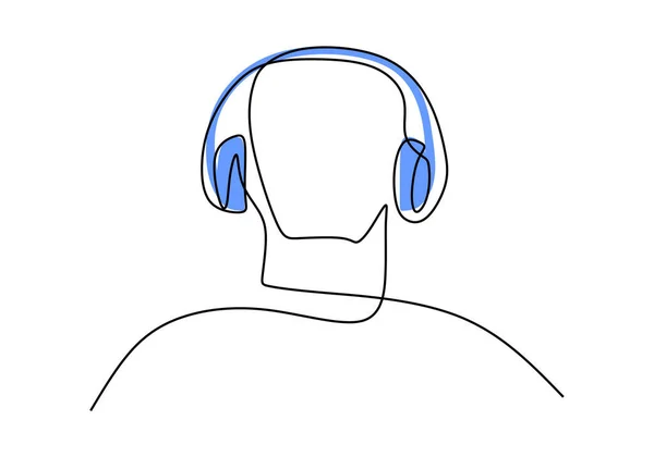 Один Безперервний Однорядковий Малюнок Рук Людини Використовує Навушники Ізольовані Білому — стоковий вектор
