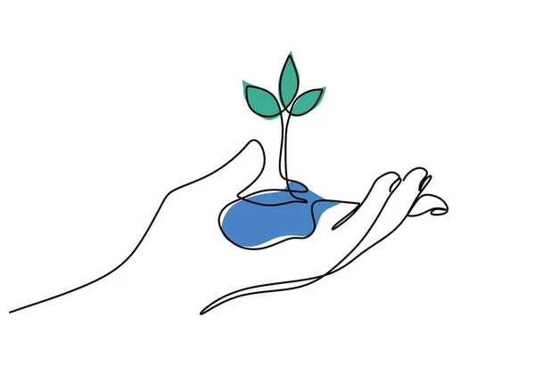 One Continuous Single Line Hand Drawing Hand Bring Plant Isolated — Stock vektor