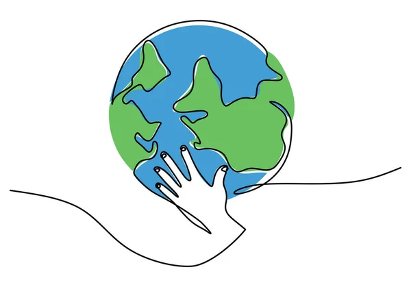 One Continuous Single Line Hand Drawing Hand Hold Globe Earth — Vetor de Stock