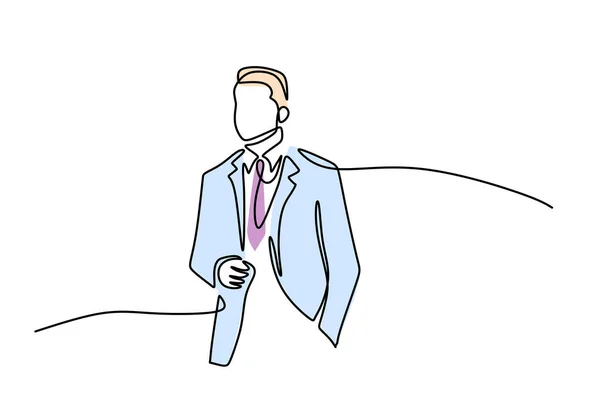 One Continuous Single Line Hand Drawing Man Wear Blue Suit — Wektor stockowy