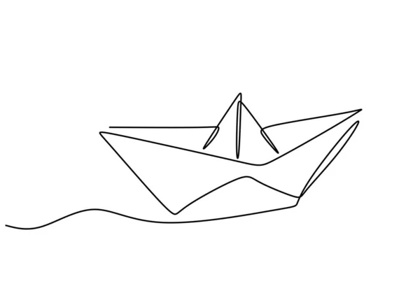 Одна Сплошная Линия Ручного Рисования Бумажного Корабля Белом Фоне — стоковый вектор