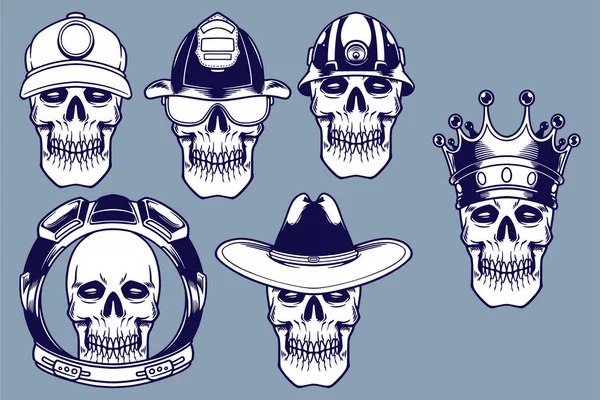 Various Skull Head Gear Vector Illustration Set Monochrome Style — Vector de stock