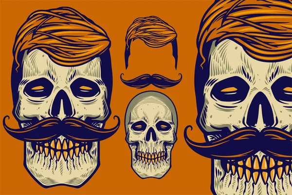 Skull Head Hair Mustache Vector Illustration — Stockvector