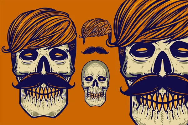 Skull Head Hair Mustache Vector Illustration — Stockvector