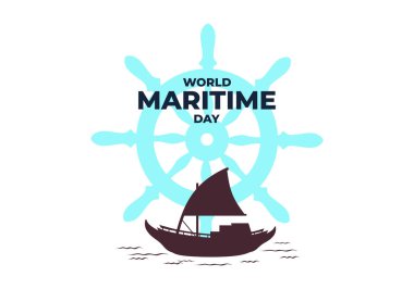 World maritime day background with ship and big steer wheel.