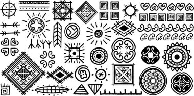 Otuz altı kabile etnik el çizimi elementleri. Afrika kabilesinin geometrik çizimleri..