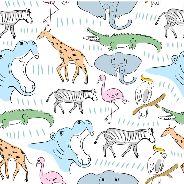 手描きクロコダイル キリン ゼブラ フラミンゴ オウムなどの動物園動物のシームレスなパターンを白地に隔離 — ストックベクタ