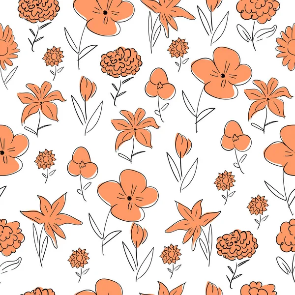Handgezeichnete Nahtlose Muster Orangefarbener Blüten Isoliert Auf Weißem Hintergrund — Stockvektor