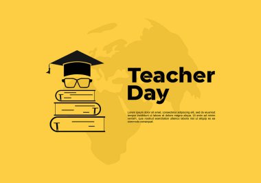 Teacher day background with world map, hat, glasses and books. clipart