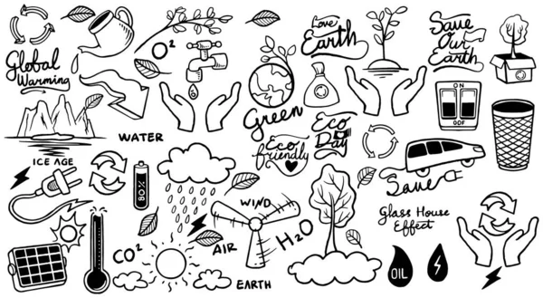 Écologie Dessinée Main Doodle Icône Ensemble Sauver Terre Isolé Sur — Image vectorielle