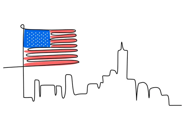 Şehir Manzarası Beyaz Arka Planda Izole Edilmiş Amerikan Bayrağıyla Sürekli — Stok Vektör