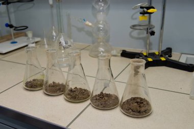 Toprak örnekleriyle dolu cam eşyalar. Laboratuvar araştırması. Yakın plan..