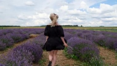 Siyah elbiseli, kaygısız genç kadın, çiçek açan lavanta tarlasında koşuyor. Arkadan bak. Yavaş çekim.